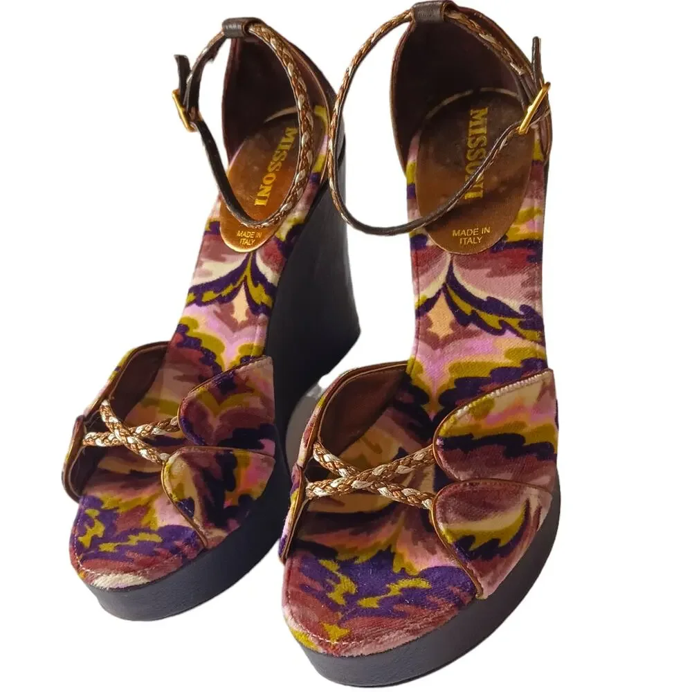 MISSONI Colorful Velvet Heel Sandal 35 High Wedge Ankle Straps Purple Green Gold